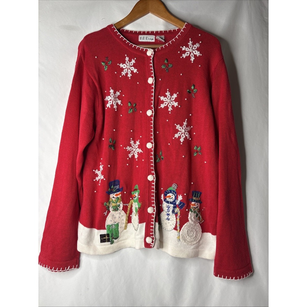 Vtg BP Design Ugly Christmas Cardigan Sweater XL  Button Up Snowman Red Beaded